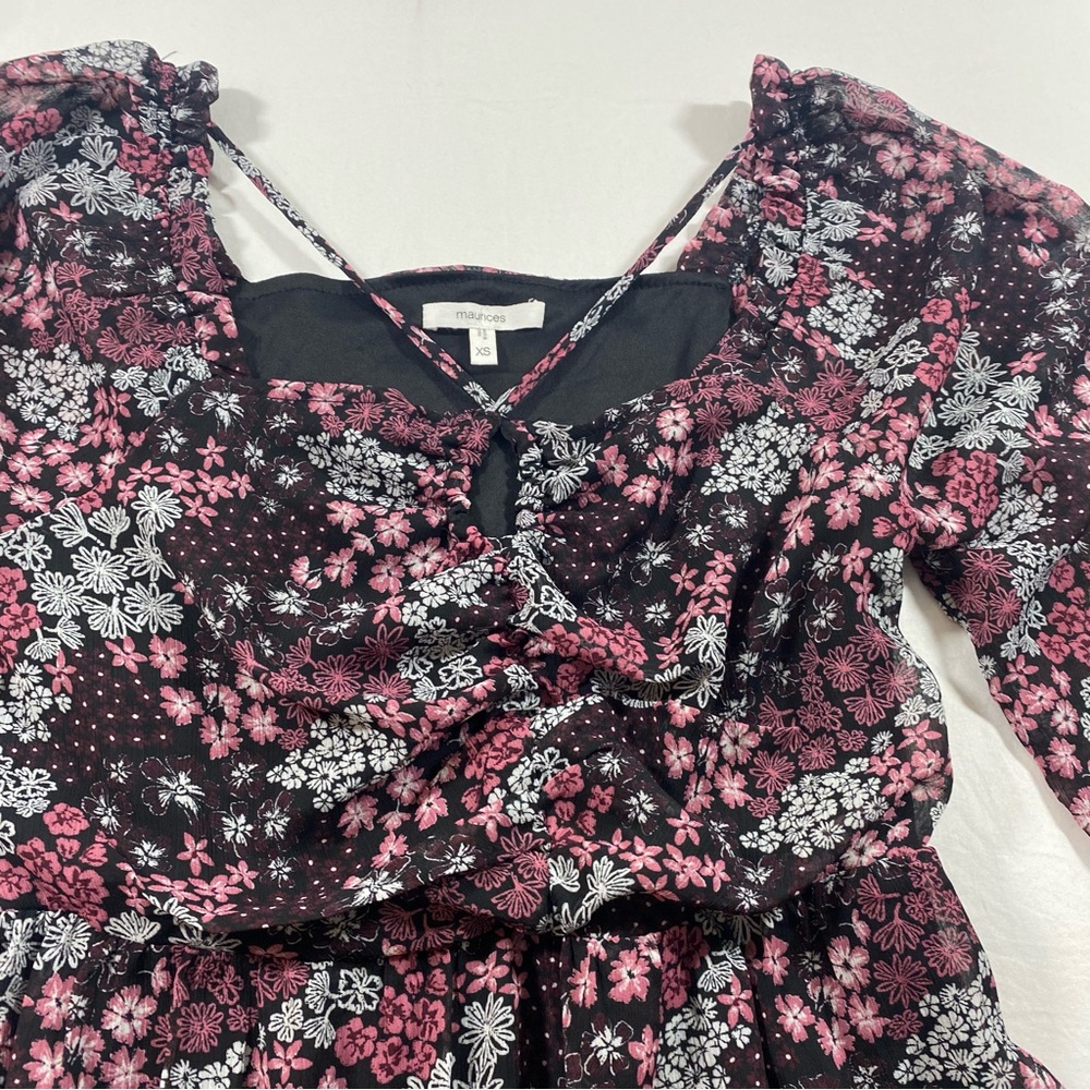 Maurice’s Floral Mini Dress Boho Women’s X-Small Black Pink Ruffle long sleeve - Picture 8 of 10